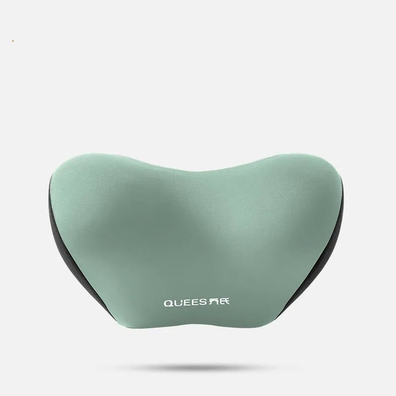 Black and grey memory foam lumbar support pillow and headrest on a car seat.