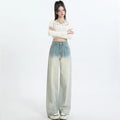 Women wearing HS 975 gradient blue straight-leg wide leg denim trousers.