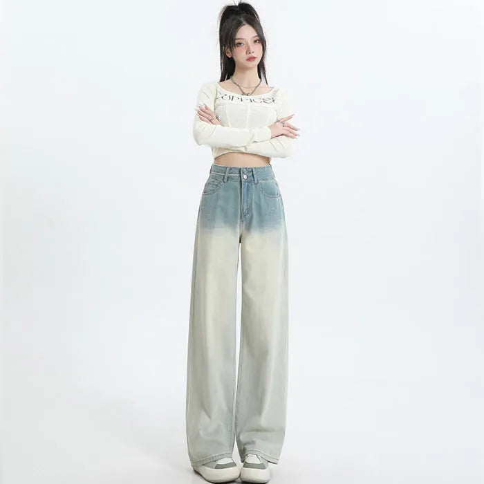 Women wearing HS 975 gradient blue straight-leg wide leg denim trousers.