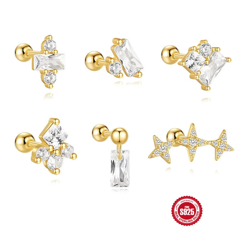 S925 sterling silver red earrings with gold electroplated finish, flower-shaped square gravel stud design