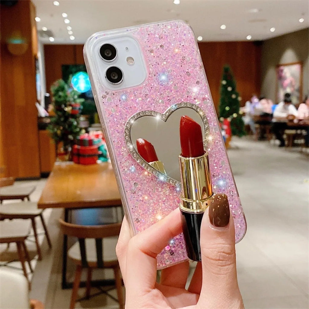 Epoxy mirror heart shape rhinestone phone case for Apple iPhone with glitter gold finish