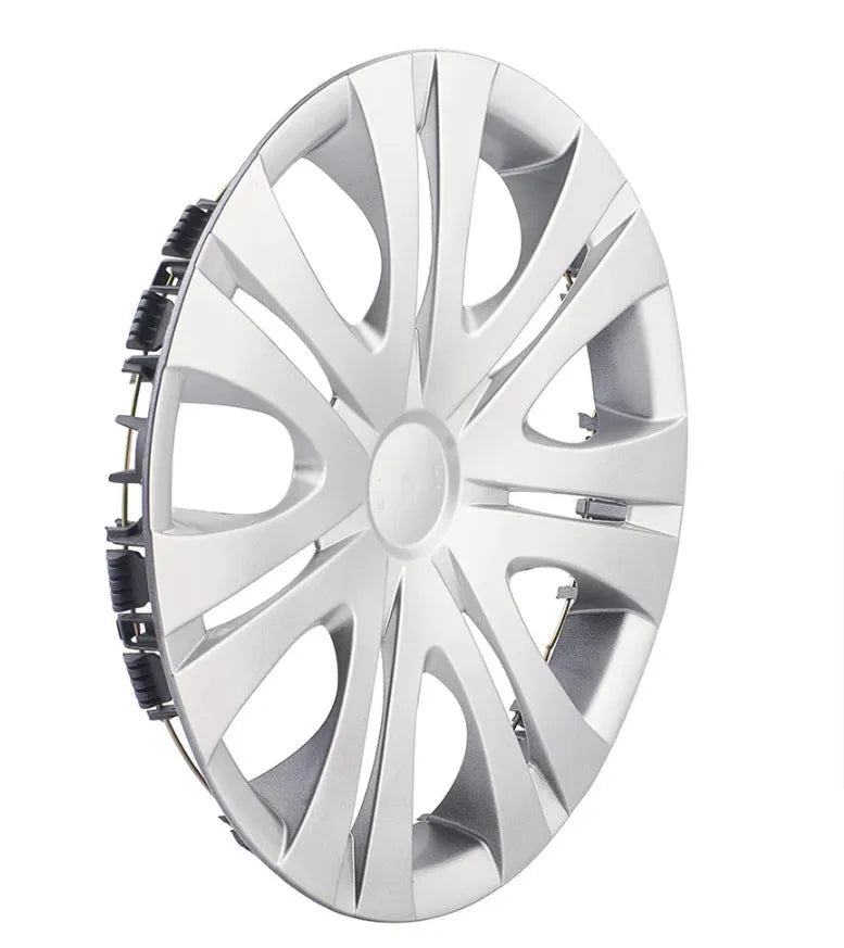 Universal black ABS plastic wheel hub cover for car, shown next to a 15-inch silver version