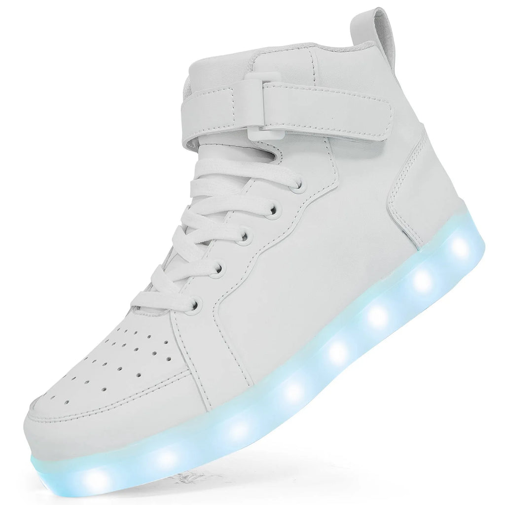 LED light-up high-top sneakers with Velcro strap in various colours on a solid background