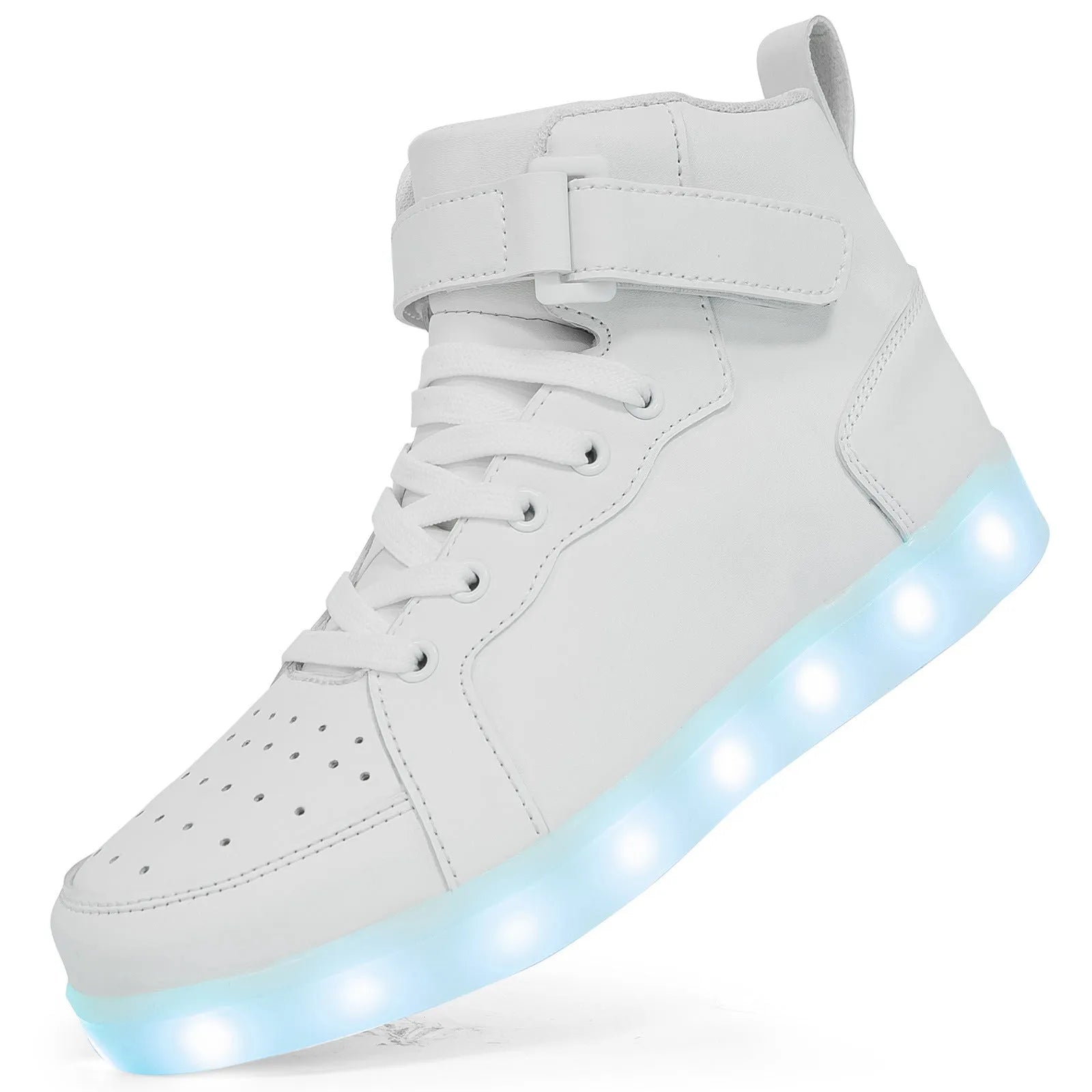 LED light-up high-top sneakers with Velcro strap in various colours on a solid background