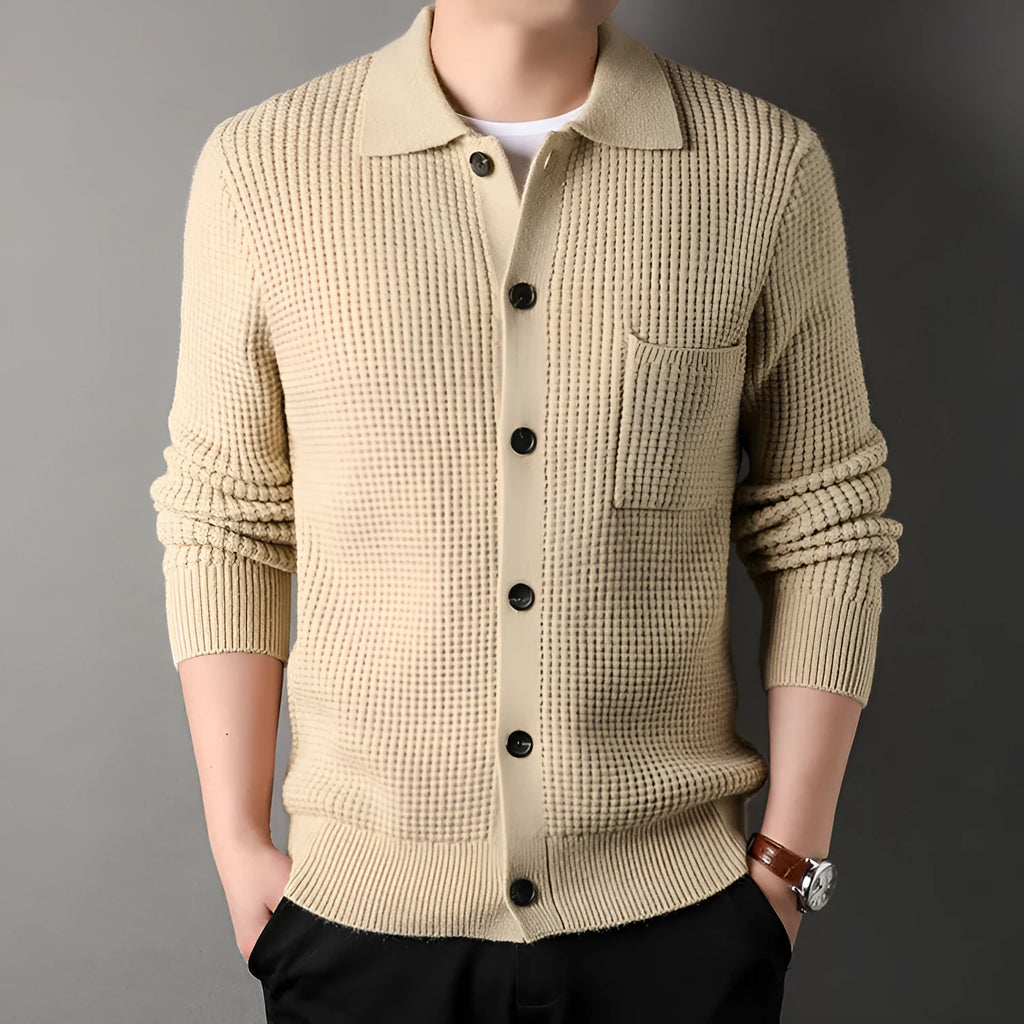 Twist jacquard lapel cardigan men's loose fit knit top coat in black gray beige