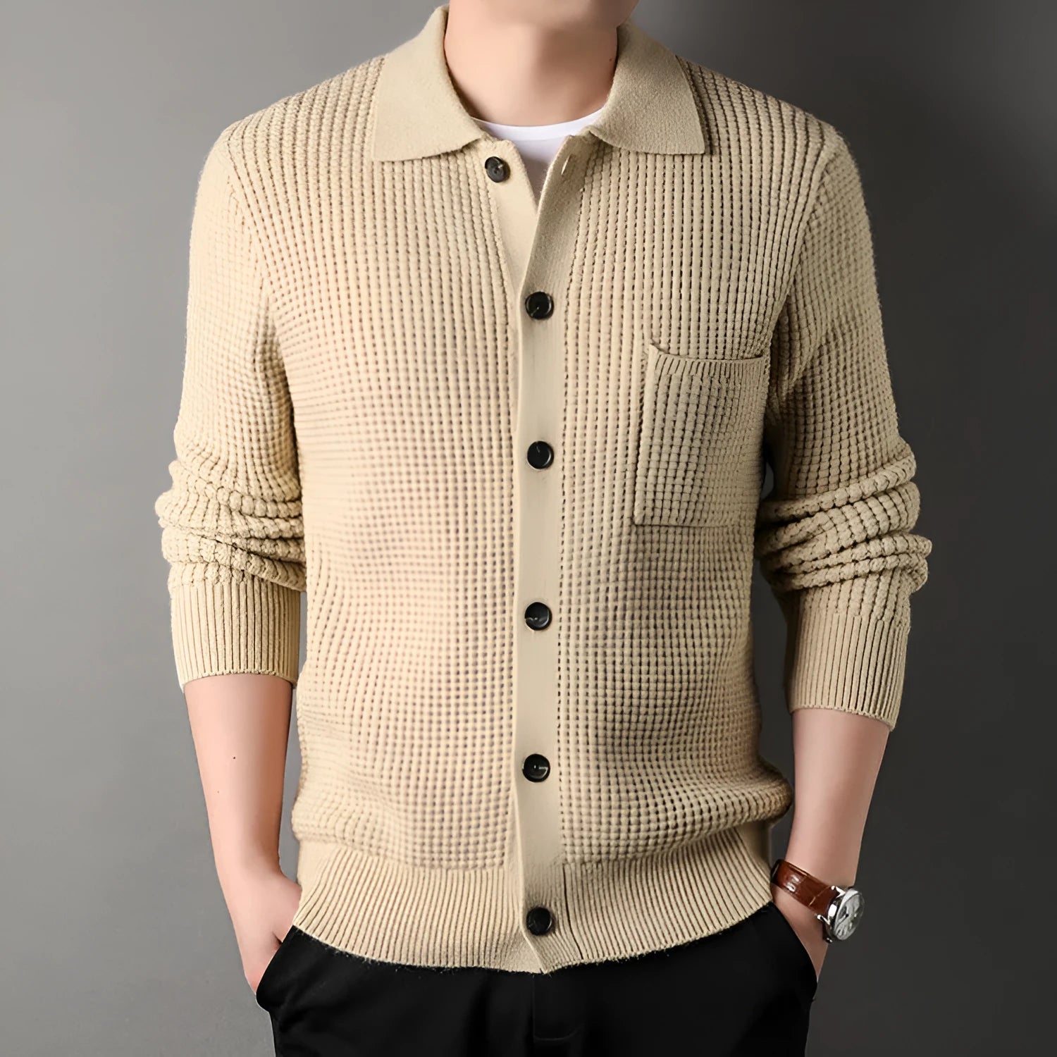Twist jacquard lapel cardigan men's loose fit knit top coat in black gray beige
