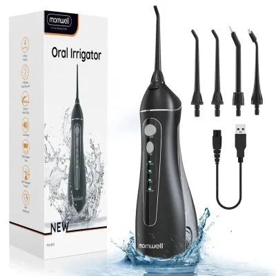 Black portable oral irrigator with water tank and nozzle for dental cleaning