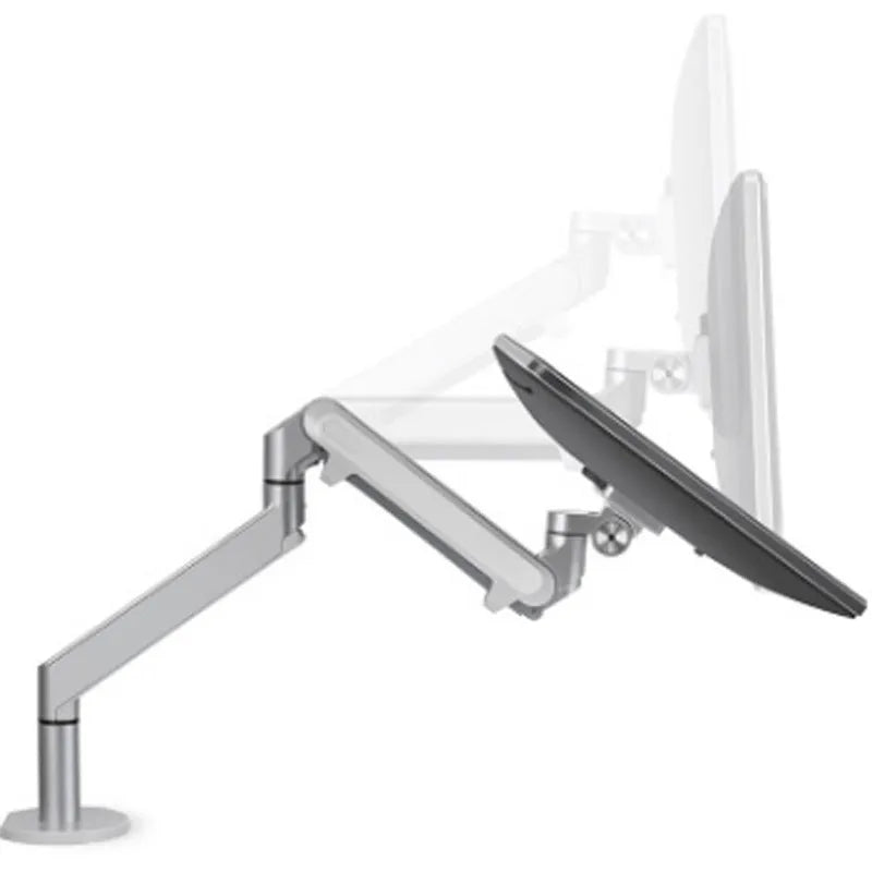 Black aluminium laptop stand with adjustable arm bracket raised above a desk.