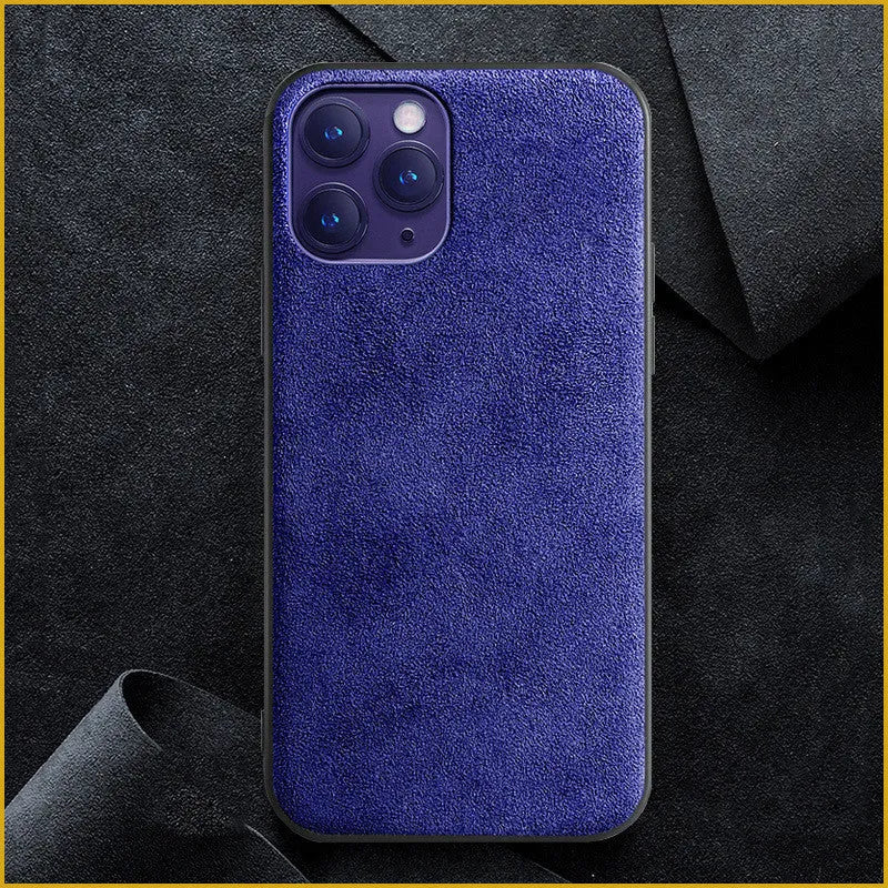 Suede full-cover iPhone case in elegant black, dark night green, or dark blue colour