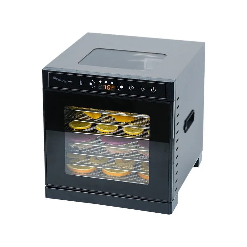 Stainless steel fruit dehydrator with multiple trays, LED control panel, and visual skylight window.
