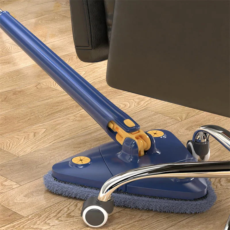 Blue extendable triangle mop with 360 rotating head and microfibre cloth for cleaning floors and walls