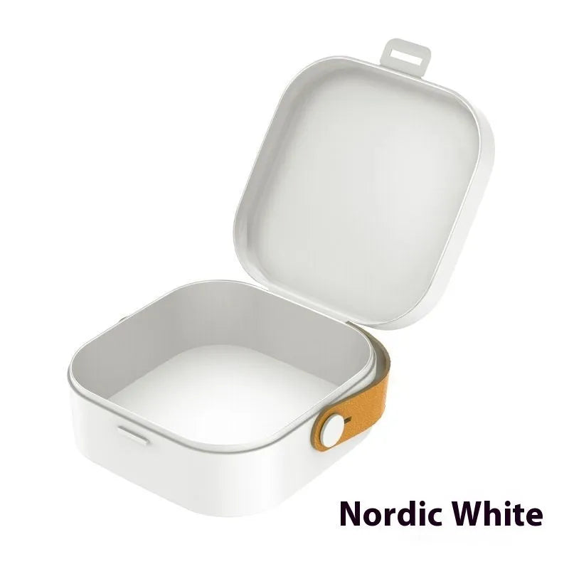 Medium polypropylene storage box with lid for organising data cables and Bluetooth headsets, shown in multiple colour options.