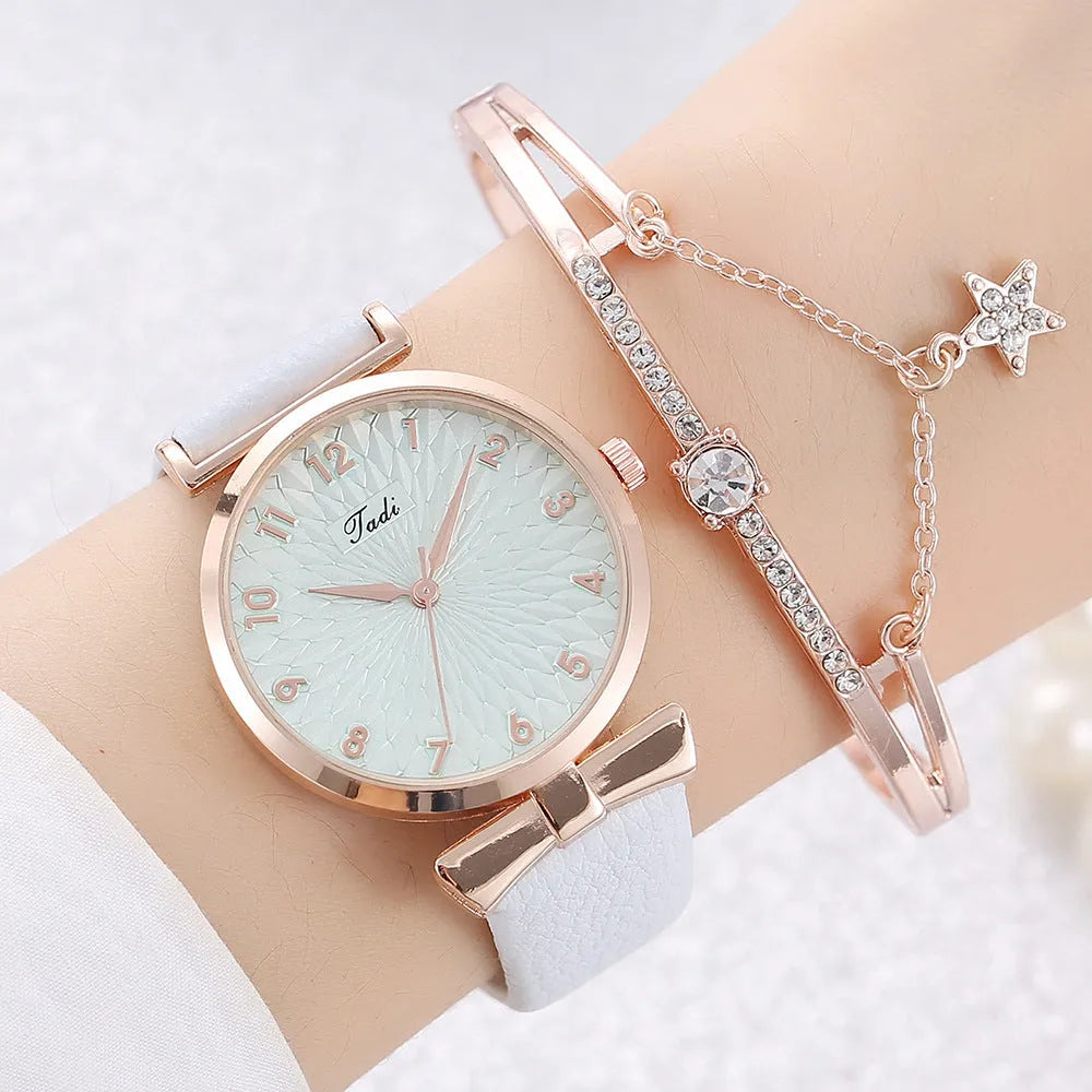 Fashion watch set for women with star love bracelet, white watch with matching bracelet, 8mm thin casing