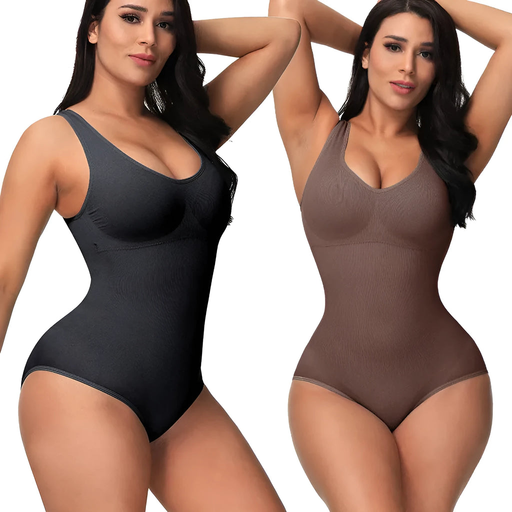Green seamless nylon bodysuit shapewear for women on a hanger, showing its one-piece waist training design.