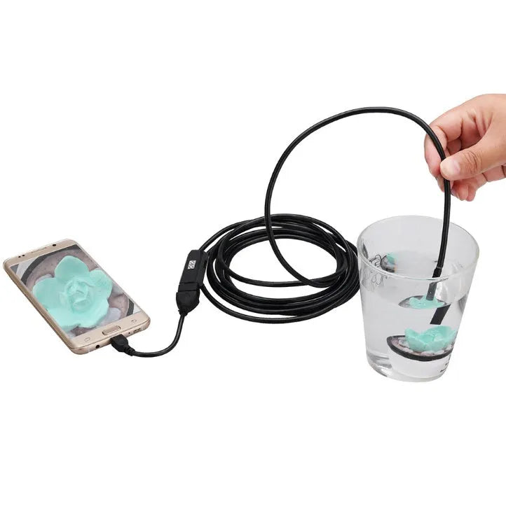 OWSOO USB endoscope camera with 5m cable, hook, magnet, and mirror attachments for phone and computer inspection.