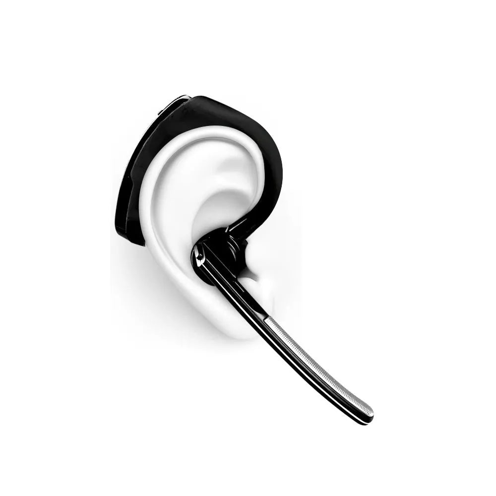 V9 Business Bluetooth wireless headset with ear-bud and USB charging cable on a white background.