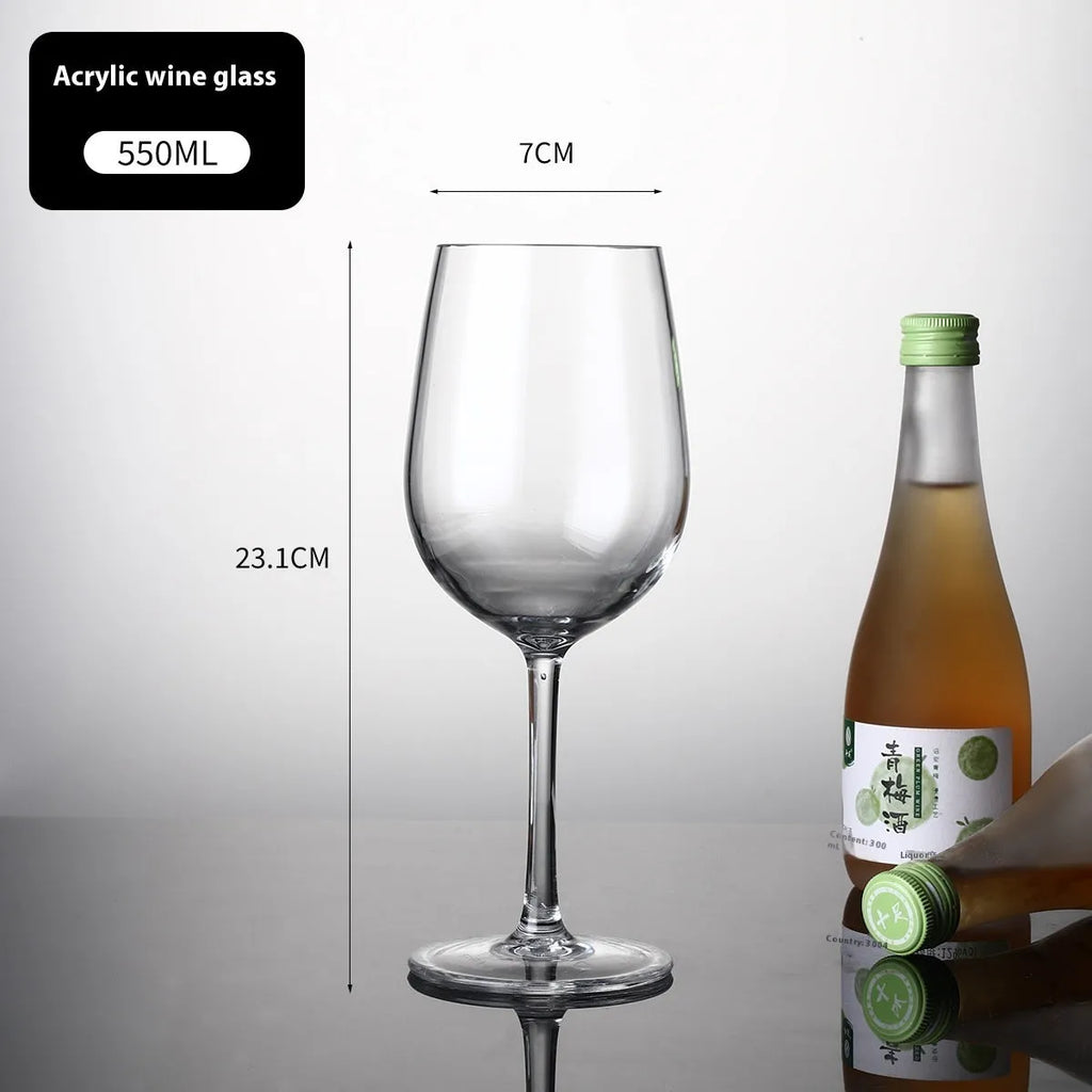 Modern clear acrylic wine bottle for catering, shown in 550ml and 300ml sizes.