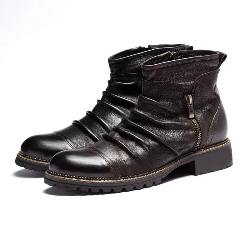 Black mid-calf cowboy boots with side zipper, round toe, and a medium horseshoe heel.