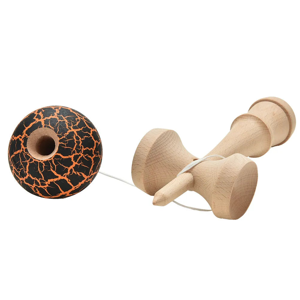 Bamboo kendama toy with crack pattern, 18.5cm wooden handle, 5.5cm ball, and seven colour options