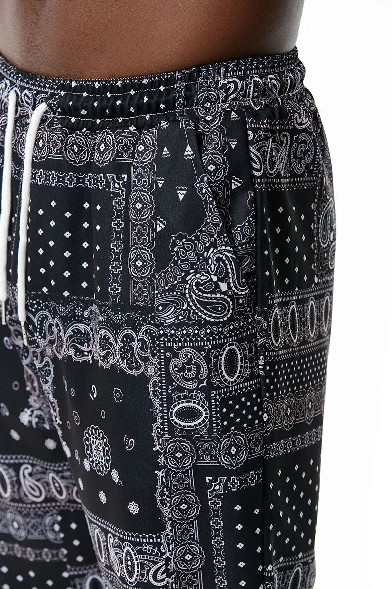 Ethnic printed straight-leg slacks in basic Korean style, mid-rise waist, no belt, available in multiple sizes