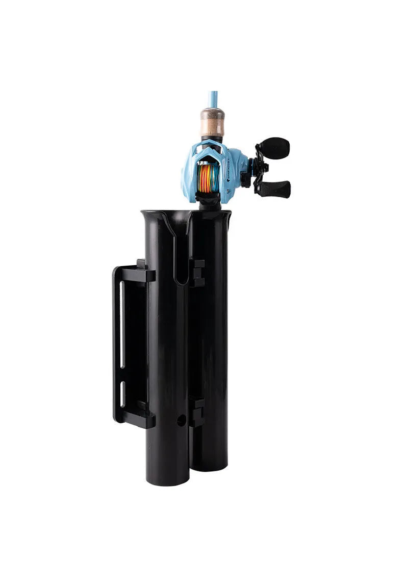 Plastic fishing rod rack with pipe clamp mounted on a bicycle frame