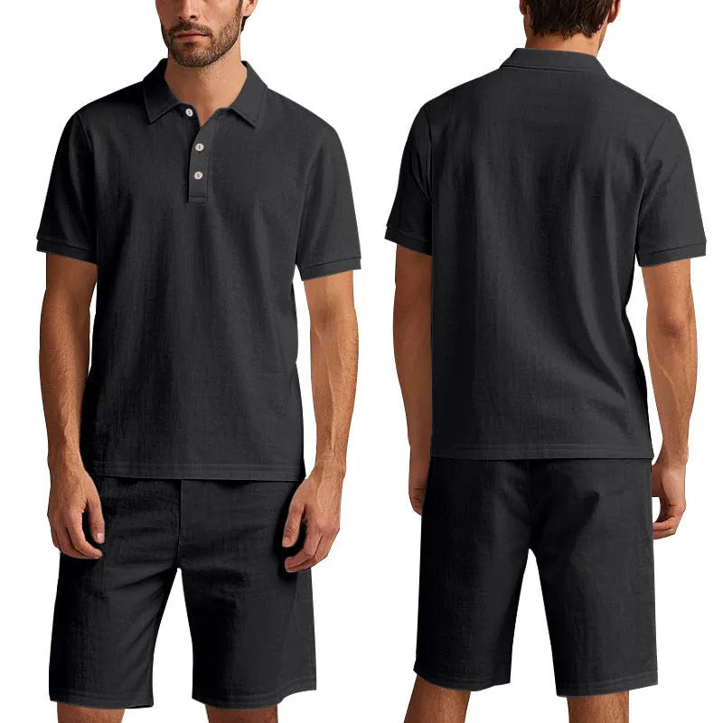 Men's linen beach shorts suit set showing short sleeve shirt and matching shorts in light blue colour