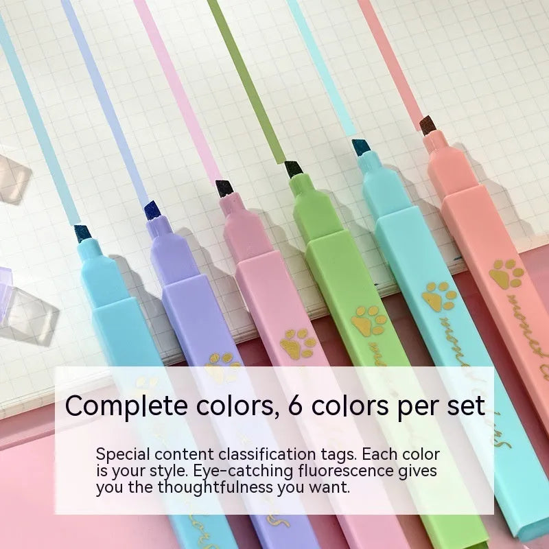 Cat's Paw fluorescent marker pen set with six colours in a plastic case, showing oblique nibs.