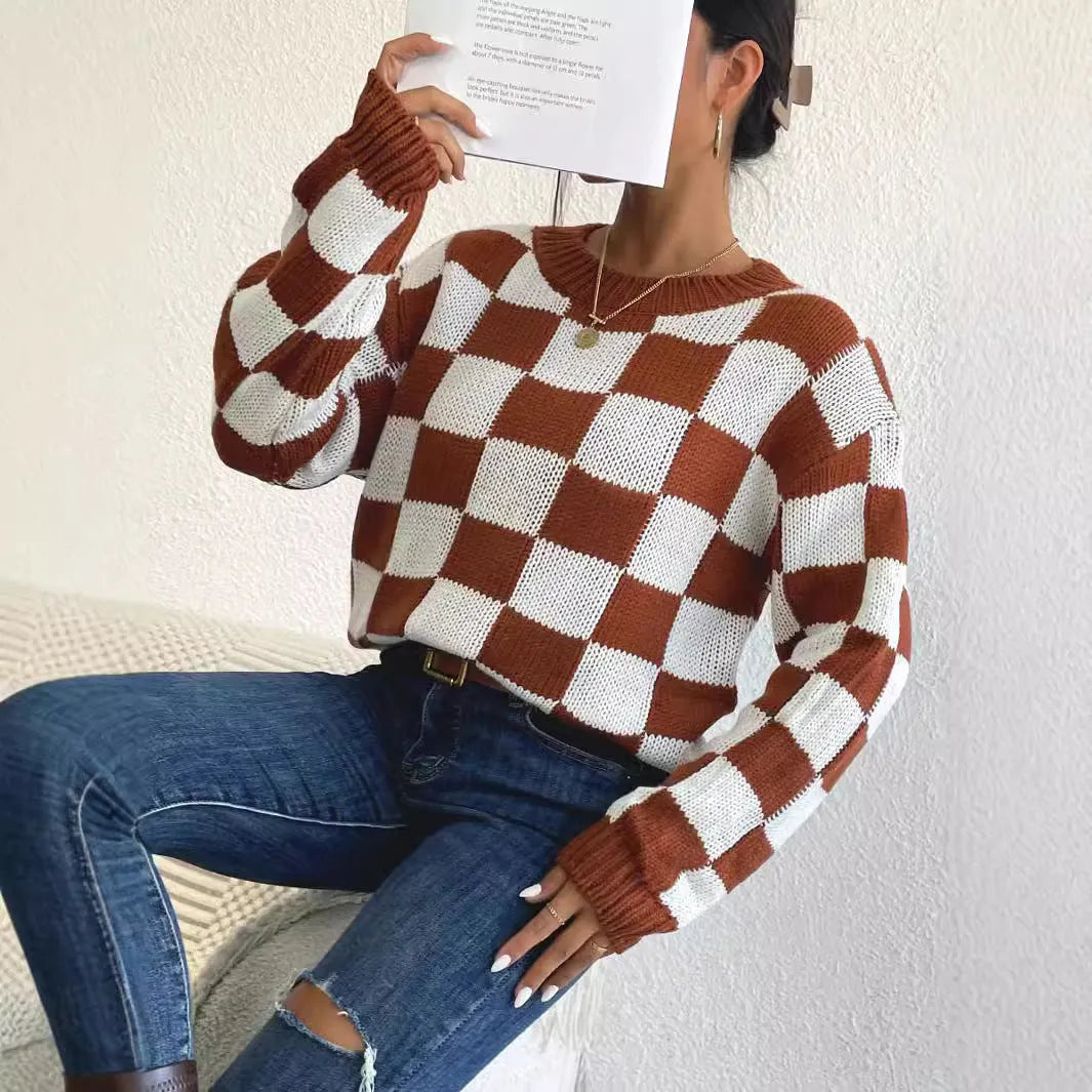 Dark brown plaid pattern women's loose-fit acrylic pullover sweater with long sleeves