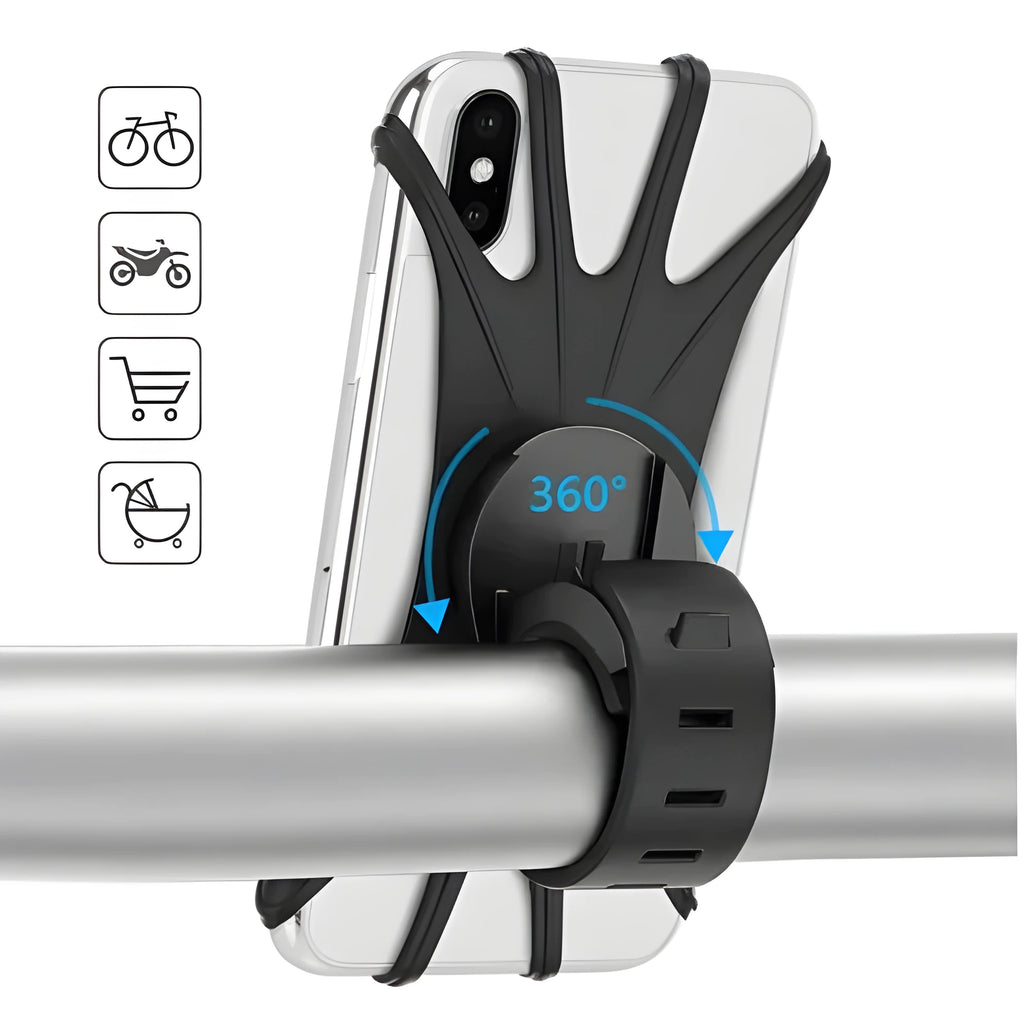 Universal bicycle mobile phone holder in black silicone on handlebar, showing front screen grip and mount belt
