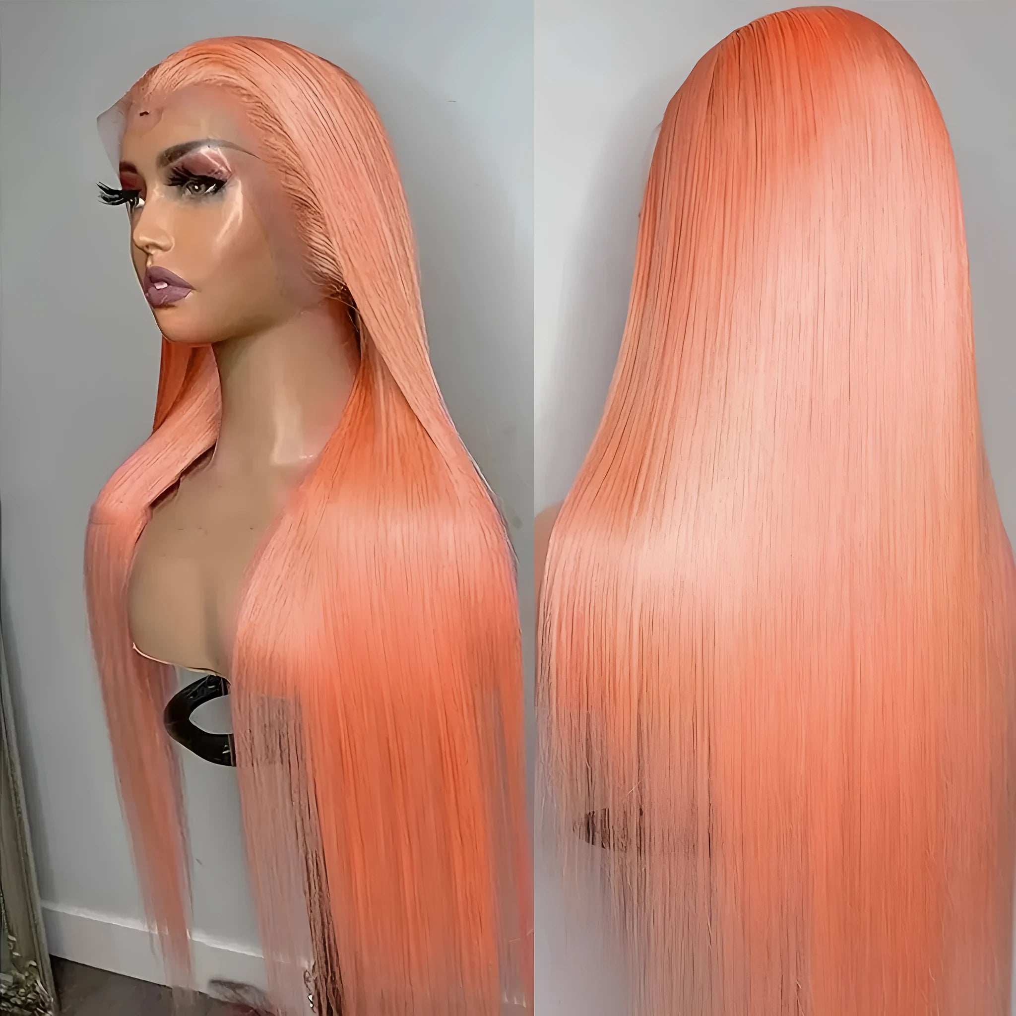 Light orange long straight front lace wig with side bangs on a model