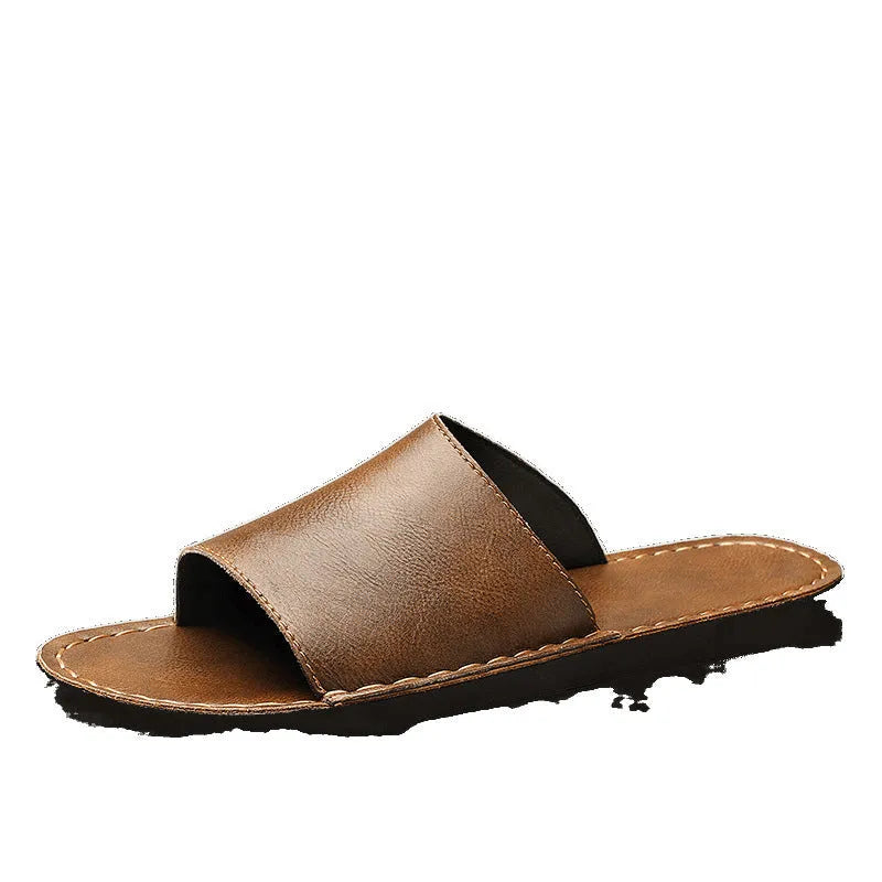Brown leather men's casual sandals with a rubber sole on a white background.