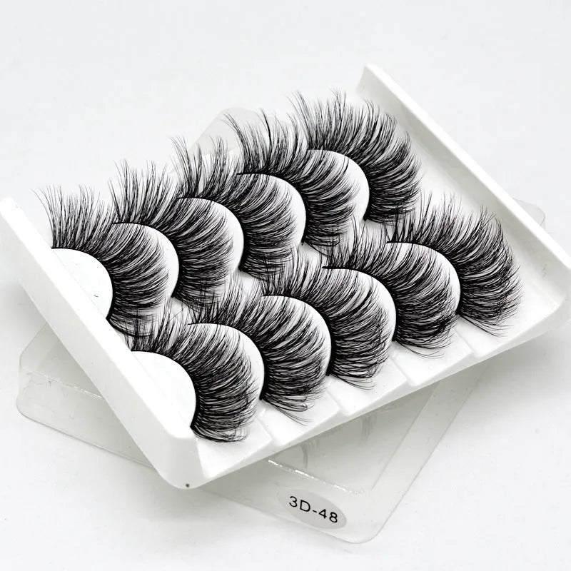 Handmade thick long natural false eyelashes in 3D fiber construction, pack of 5 pairs