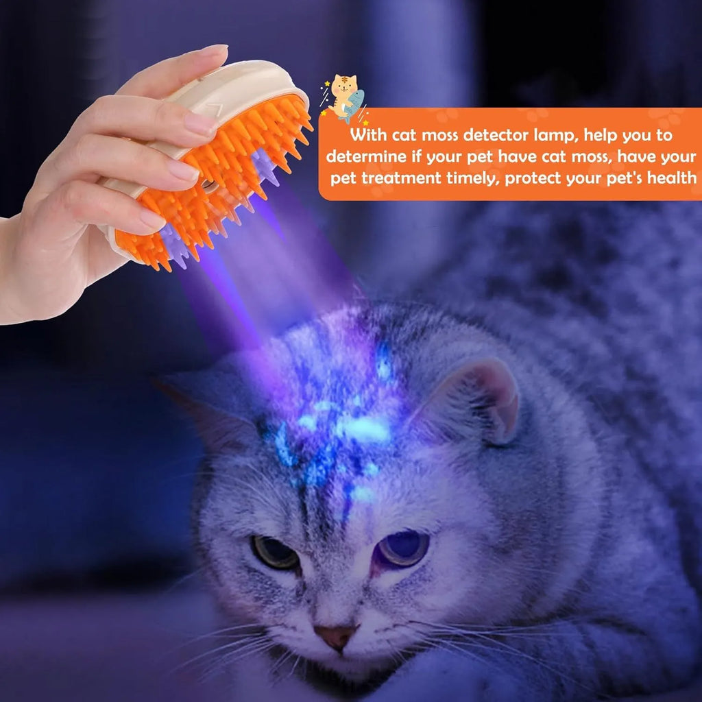 Yellow 4-in-1 cat steam brush with water spray, vibration massage and ringworm detector for pet grooming