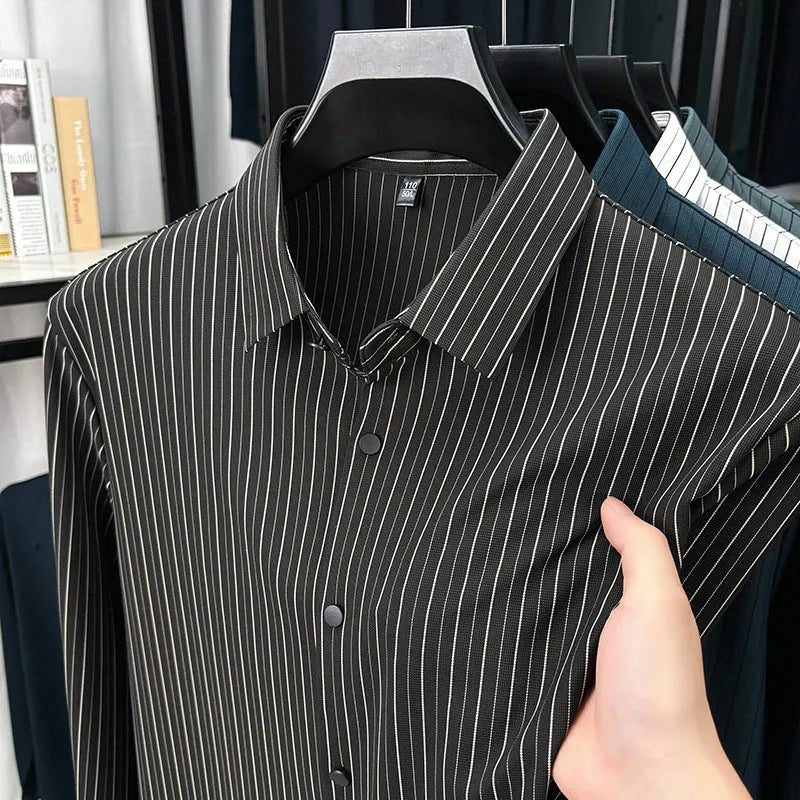 Men's vertical striped cardigan shirt in recycled fibre blend with long sleeves, available in multiple colours