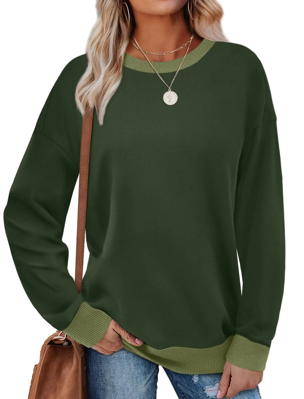 Loose fit round neck striped long-sleeved top for women in khaki, front view