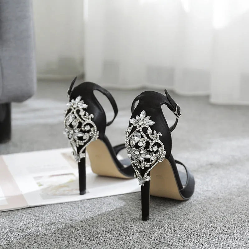 Black women's high heel shoes with rhinestone decoration and suede upper, fish mouth toe shape
