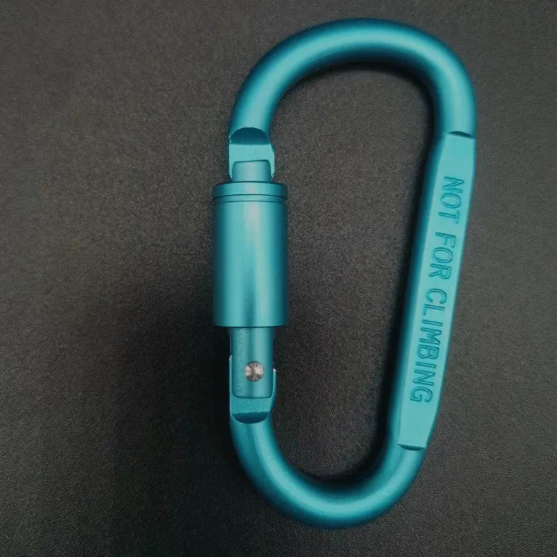 Aluminium D-type carabiner with lock in multiple colour options showing 8cm flat design