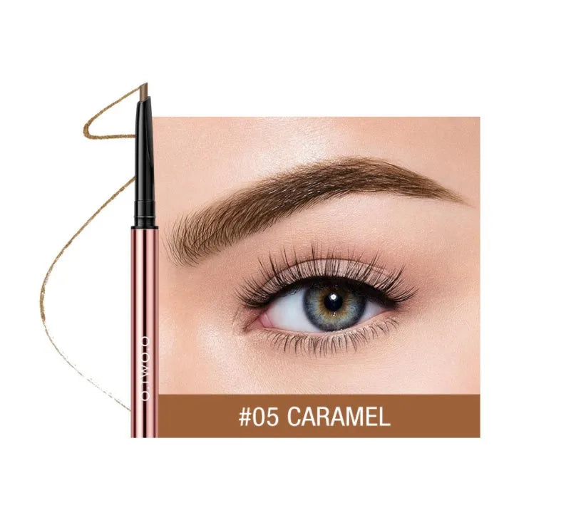 Eyebrow makeup pencil in colour box packaging, shown in shades of Auburn, Blonde, Caramel, Dark Brown, Soft Brown, and Taupe.