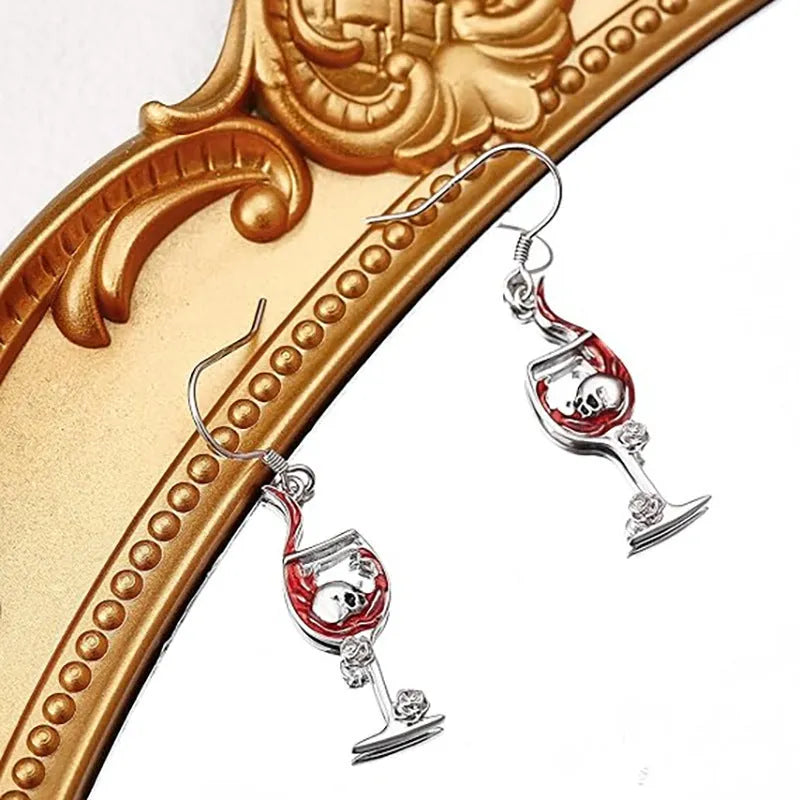 Geometric skull and wine glass design women's earrings in metallic finish