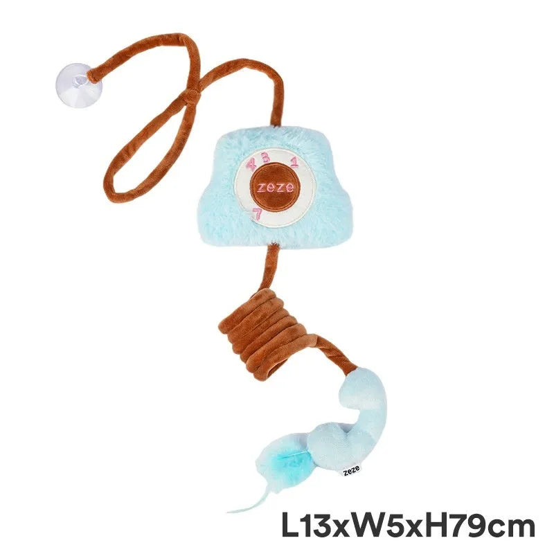 Cat elastic string toy with retro mobile phone design in green, made from flannel and polyester fibre