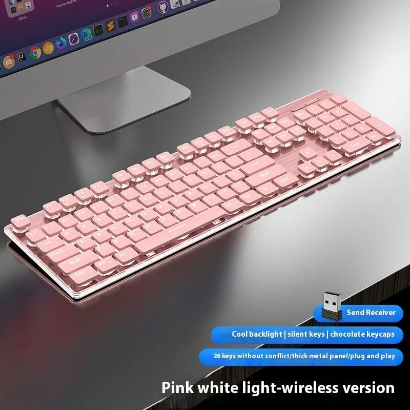 Wireless Bluetooth keyboard and mouse set with blue backlight in Cherry Blossom Pink colour