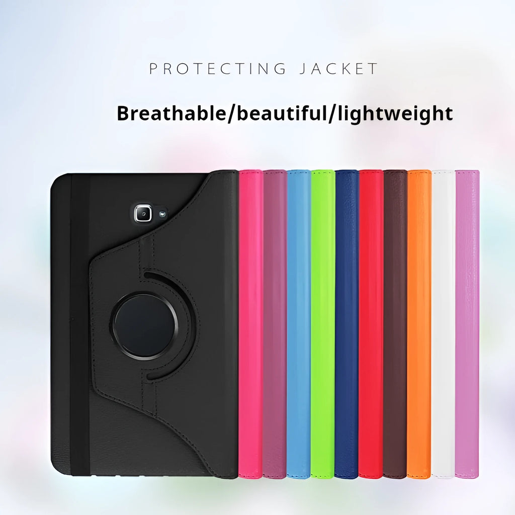 Tablet leather case with rotating stand in clamshell design showing ten colour options