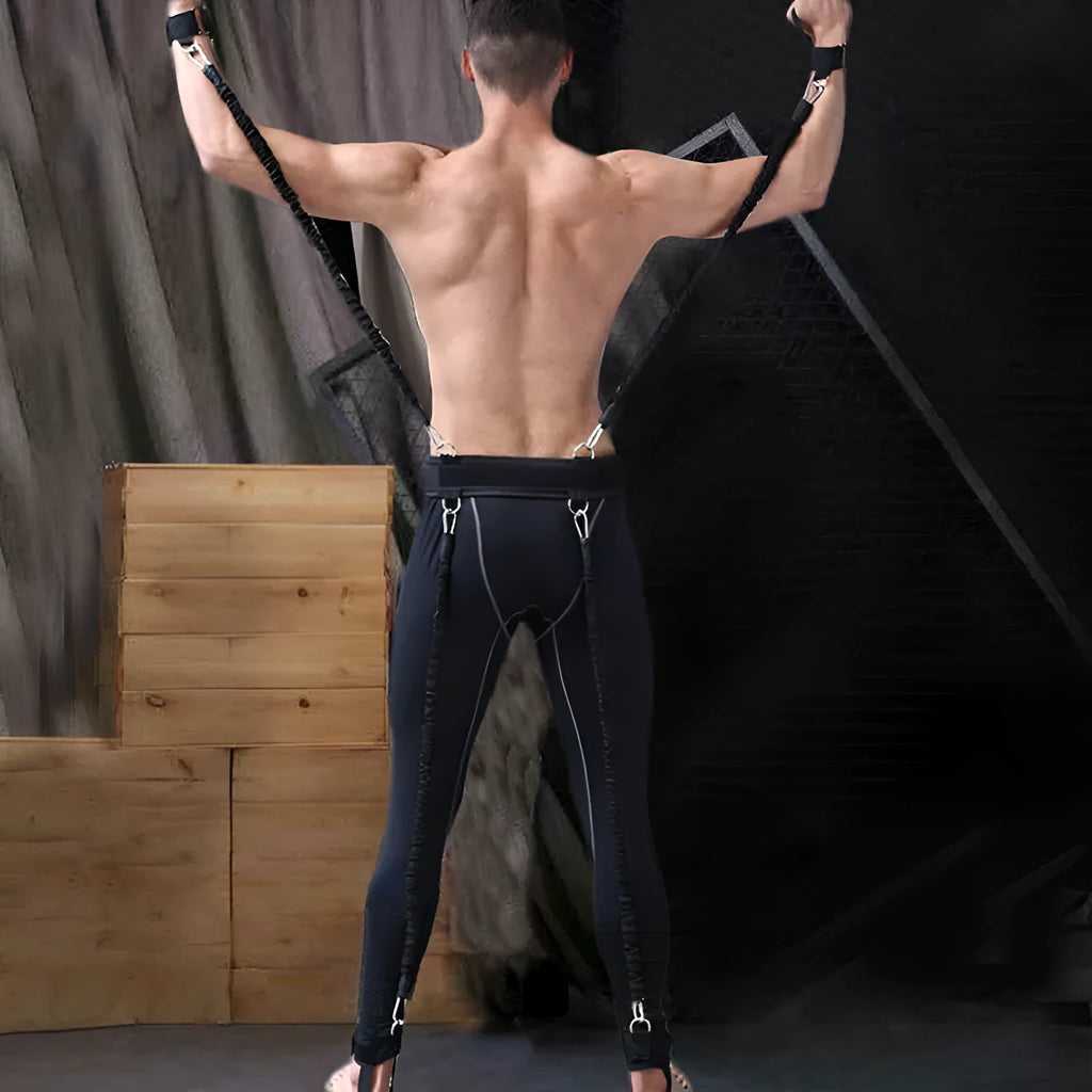 Bounce elastic training device with adjustable waist belt and straps for waist and leg muscle exercise, black