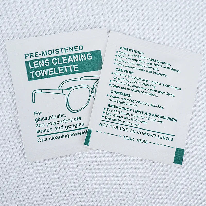 100 individually packaged white quick-drying anti-fog cleaning wipes for lenses and screens.