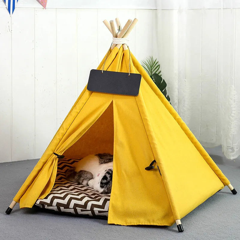 Portable pet teepee tent bed with cushion for small dogs cats rabbits in striped flax linen