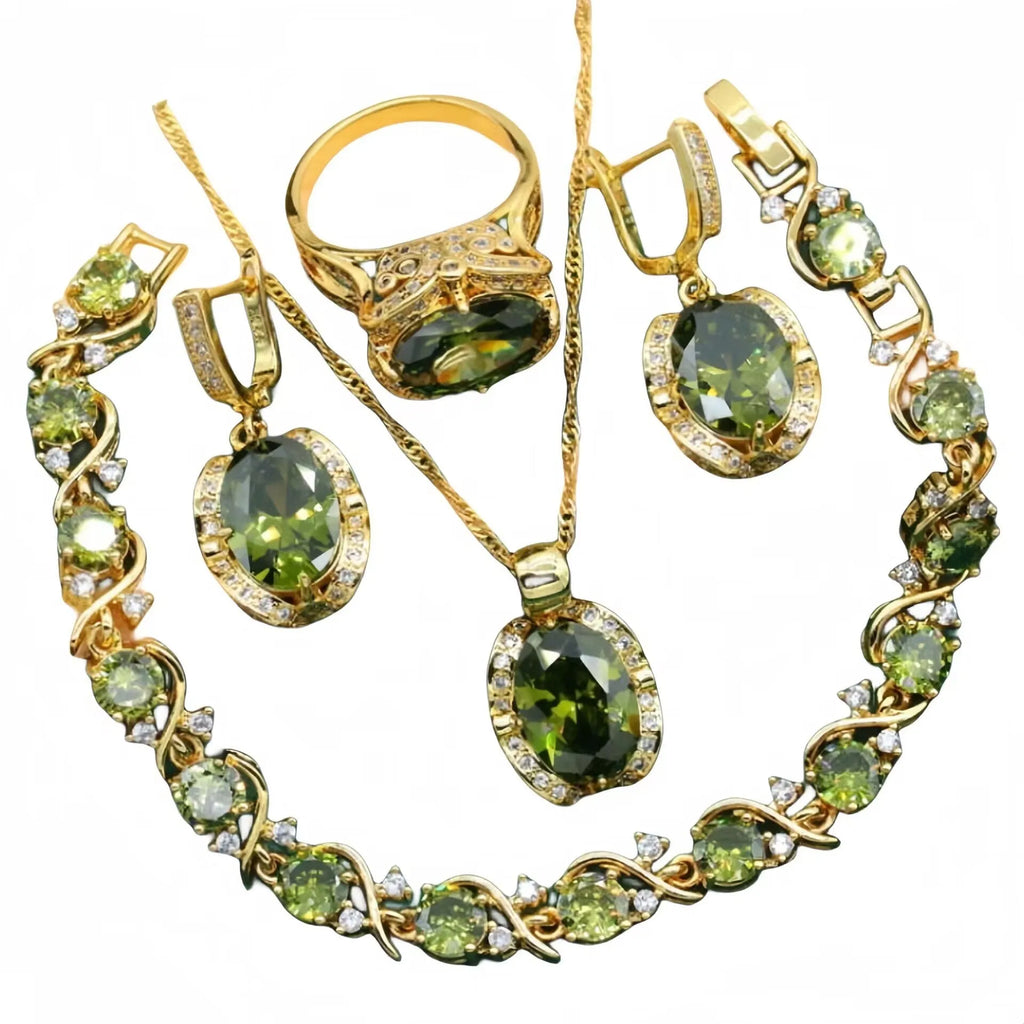 Women's rhinestone zircon jewellery suit with copper inlay, snake bones chain necklace, earrings, and ring in olive green or red colour