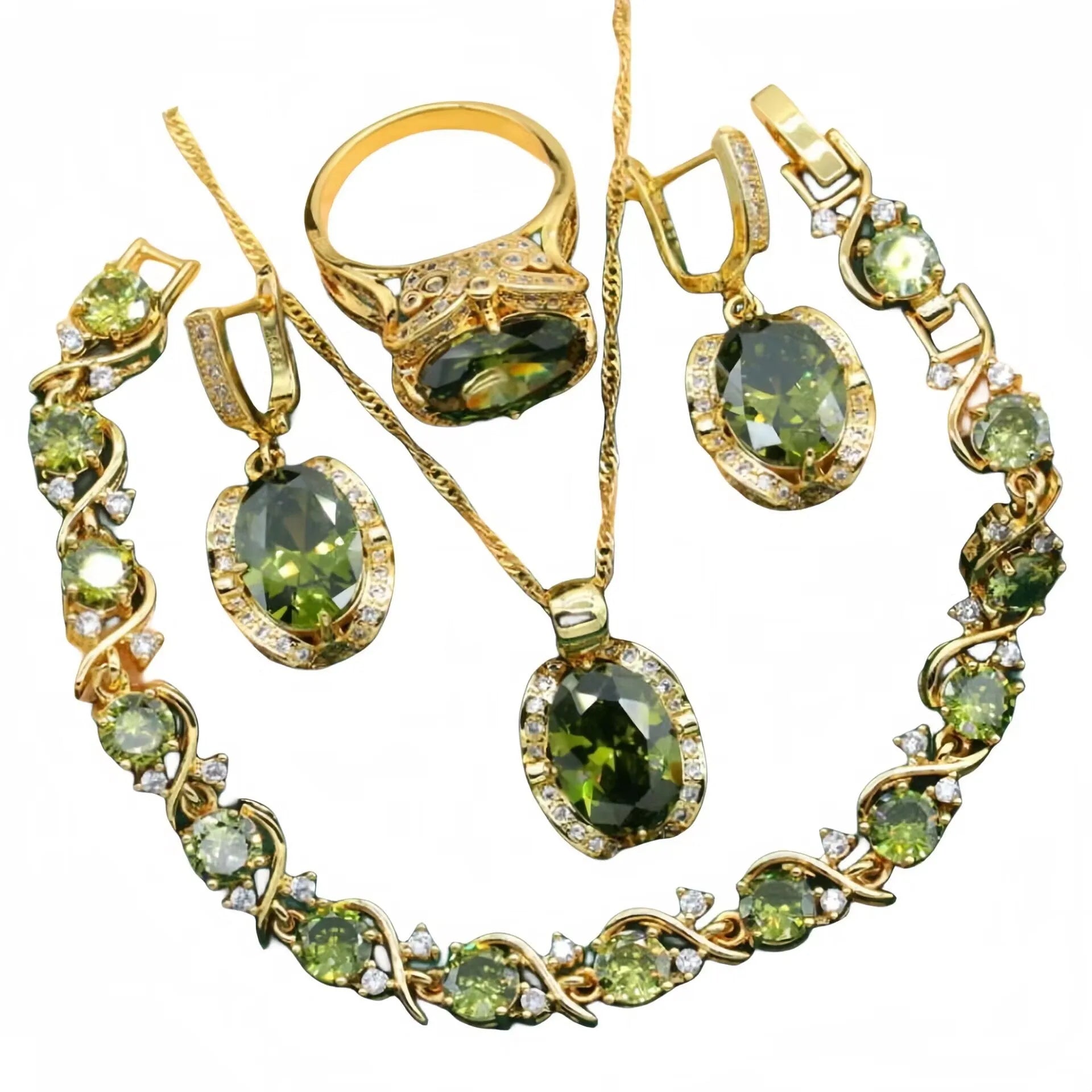 Women's rhinestone zircon jewellery suit with copper inlay, snake bones chain necklace, earrings, and ring in olive green or red colour