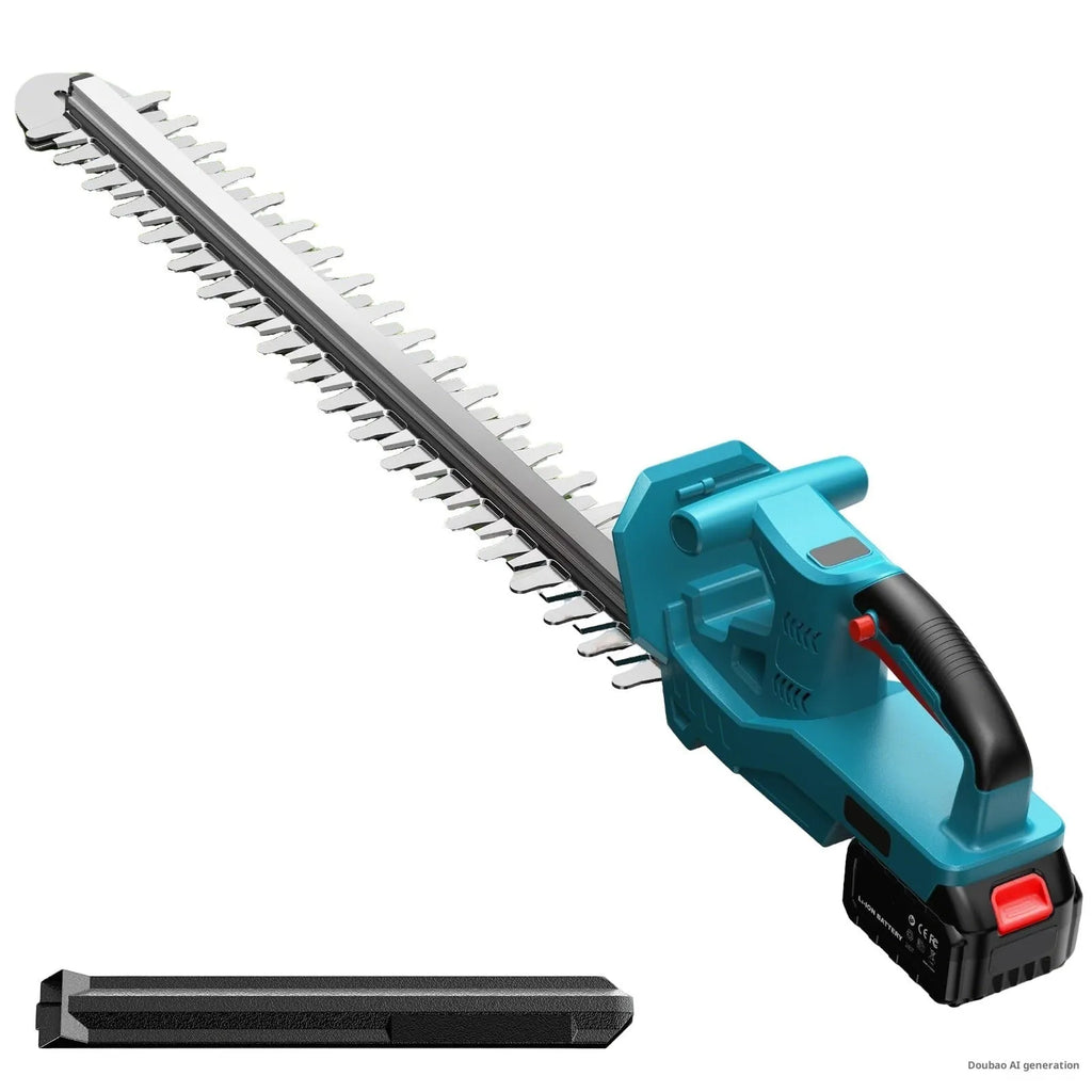 24V cordless lithium battery hedge trimmer with two batteries, charger, gloves, goggles and blade guard