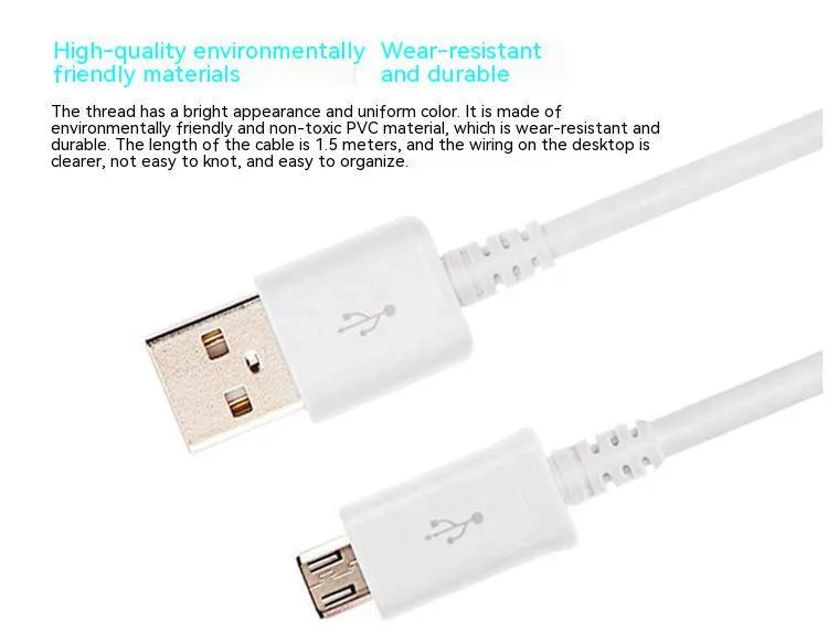 Black and white Android Micro USB data charging cable, 1 metre long with PVC coating.