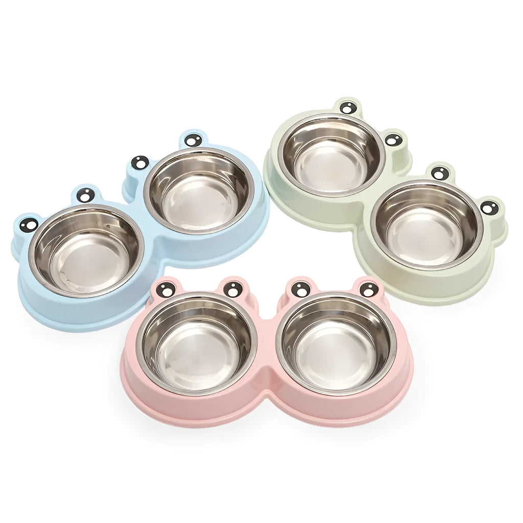 Stainless steel pet double feeding bowl with frog design in blue, green, and pink colours